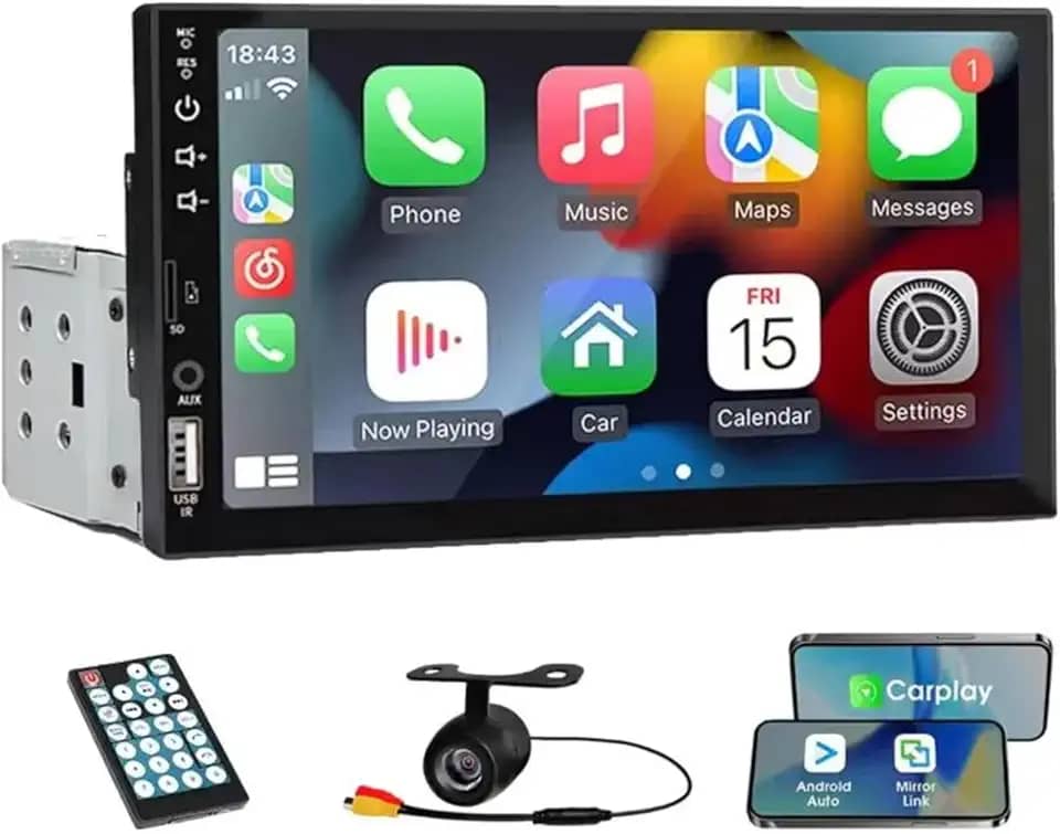 Central Multimídia 1 Din Tela Retrátil 7 Polegadas, Carplay Integrado, MP5 Player, Bluetooth e Câmera de Ré Inclusa
