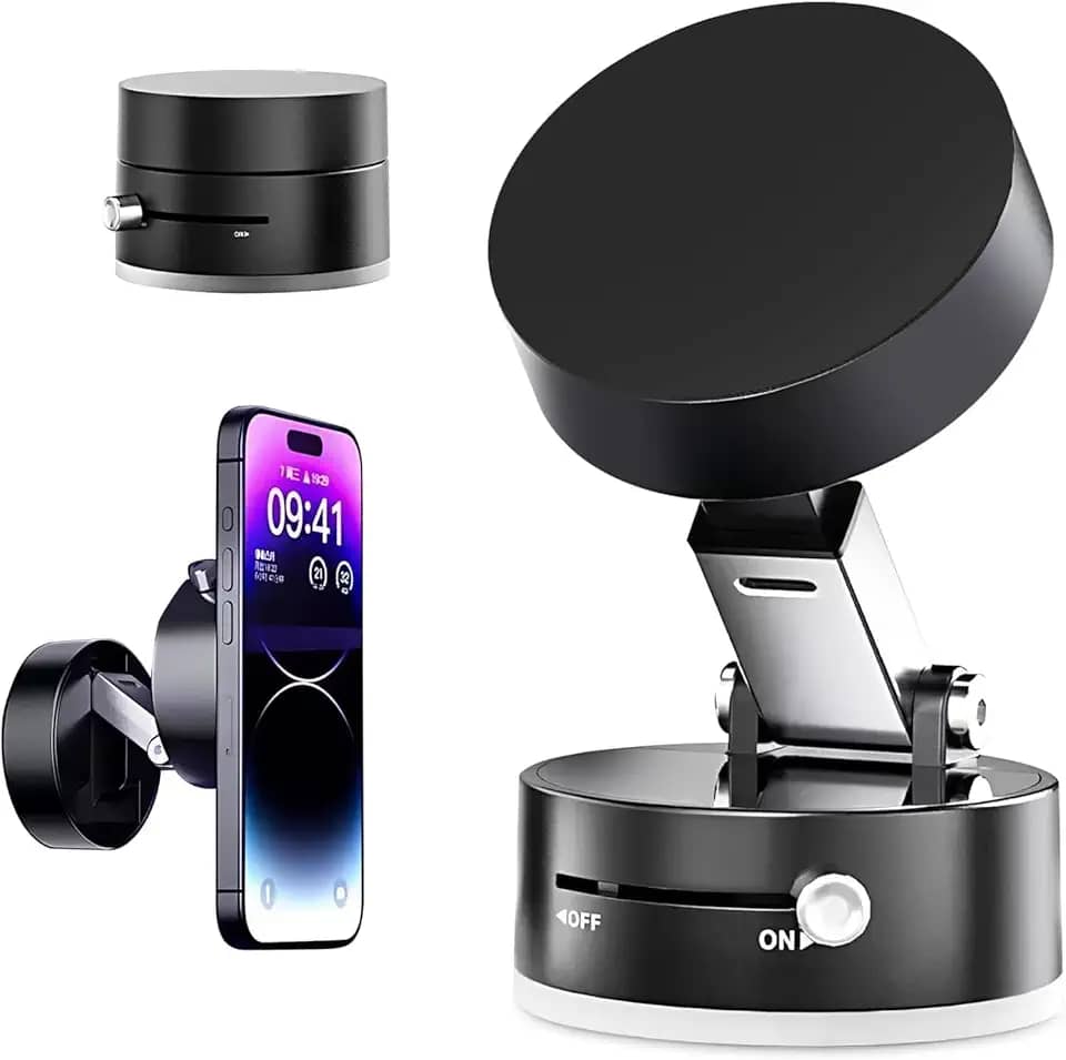 Suporte magnético portátil dobrável para celular, sucção a vácuo ajustável, suporte magnético de dupla face para carro/espelho/academia-IT (Preto)