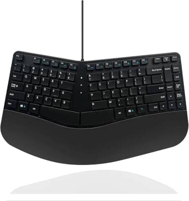 MCSaite Teclado ergonômico compacto USB com fio - Teclado dividido com suporte acolchoado para pulso e palma - 40 x 22 x 3 cm - Preto - Inglês dos EUA