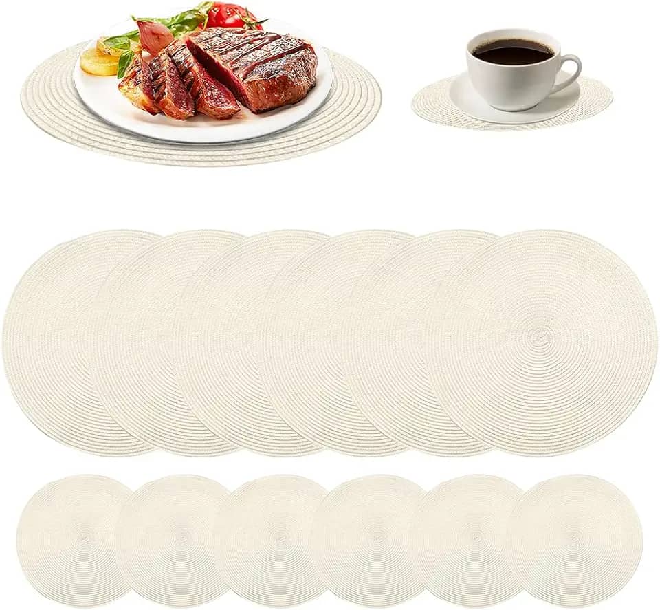 Jogo Americano 6 Peças - Jogos Americanos Redondo Tecido Kit Mesa Posta Inclui 6 Bases para Copos e 6 Jogo Americano Isolamento Térmico e Proteção Contra Manchas Jogos Americanos Redondo (Bege)