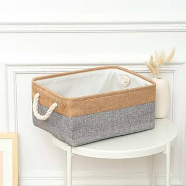 1 Caixa Cesto Organizador De Tecido Linho Dobrável 31x21x13 (cinza com palha)