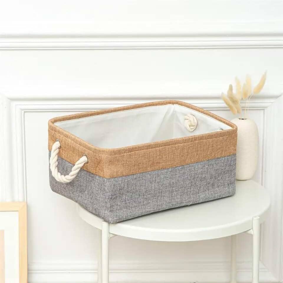 1 Caixa Cesto Organizador De Tecido Linho Dobrável 31x21x13 (cinza com palha)