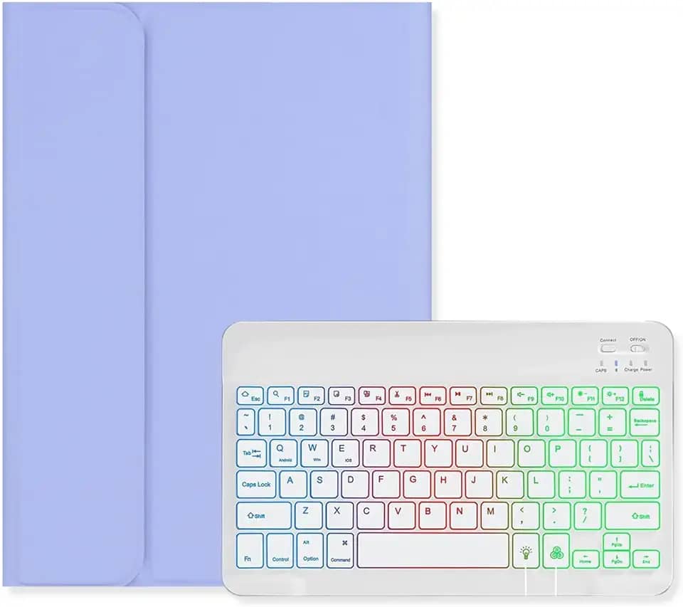 Capa com teclado retroiluminado para Galaxy Tab S10 Lite/ S10 FE/ S9 FE 11 polegadas, Tab S9/S8/S7 11 polegadas, capa com luz de fundo colorida RGB, teclado destacável fofo cor doce, roxo +