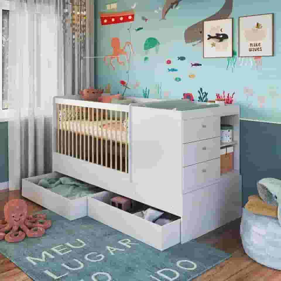 Berço Multifuncional com Cama Auxiliar 3 Gavetas Malu Branco