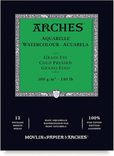 ARCHES Aquarelle 300 g/m² Grão Fino Branco Natural Bloco 14,8x21 12 Folhas.