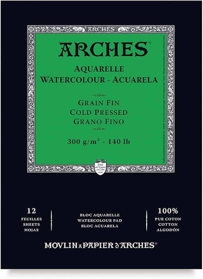 ARCHES Aquarelle 300 g/m² Grão Fino Branco Natural Bloco 14,8x21 12 Folhas.