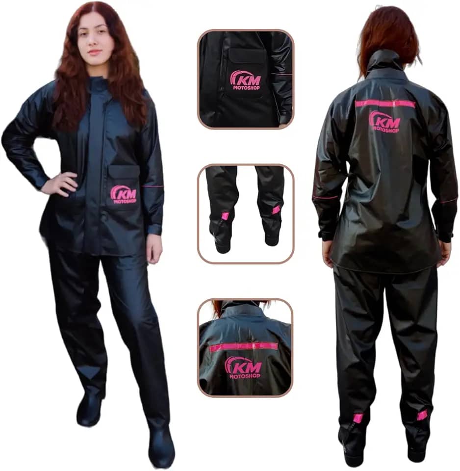 Capa de chuva Feminina PVC KM Motoshop Leve Resistente Flexivel Impermeável Moto Motociclista Preta com detalhes rosa