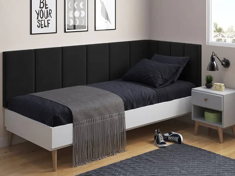 Cabeceira em L para Cama Box Solteiro Proteção Lateral Estofada - Preto Suede