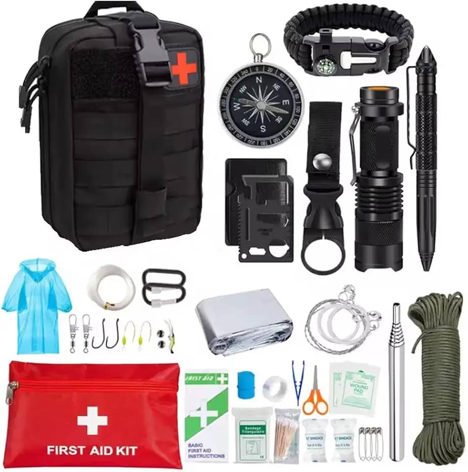 Kit de Sobrevivência Militar para Primeiros Socorros, 38 em 1, Molle, Lanterna, Bússola, Corda, Bracelete de Sobrevivência