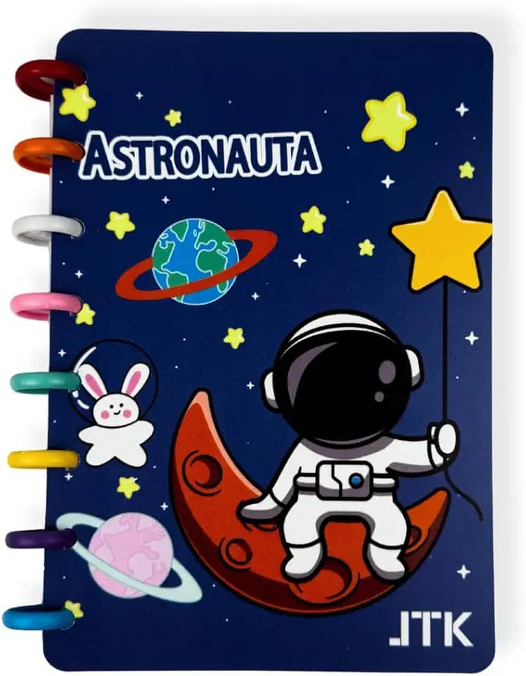 Agenda Caderno Inteligente A5 80 Folhas Destacável Menino e Menina Escolar Anotação Diário Fichario Desenho Astronauta Unicornio Criança Capa Removível Bloco de Notas Apostila Espiral (Modelo 8)