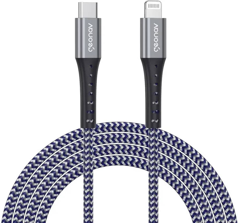 Geonav Cabo iPhone, iPad, iPod Lightning para USB-C, conector original Mfi Apple, revestimento interno ultra resistente Kevlar, 2MT, LIUC02K, Azul/Cinza
