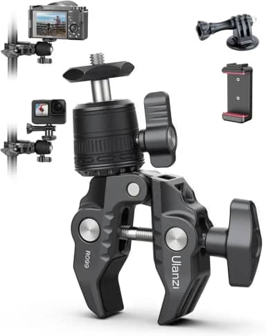 ULANZI R099 Suporte Super Clamp com Cabeça Esférica 360° - Grampo Metálico 1,5kg para Guidão de Bicicleta/Moto, Postes, Tubos, DSLR e Action Cams (GoPro/Insta360/DJI)