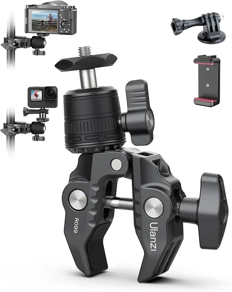 ULANZI R099 Suporte Super Clamp com Cabeça Esférica 360° - Grampo Metálico 1,5kg para Guidão de Bicicleta/Moto, Postes, Tubos, DSLR e Action Cams (GoPro/Insta360/DJI)