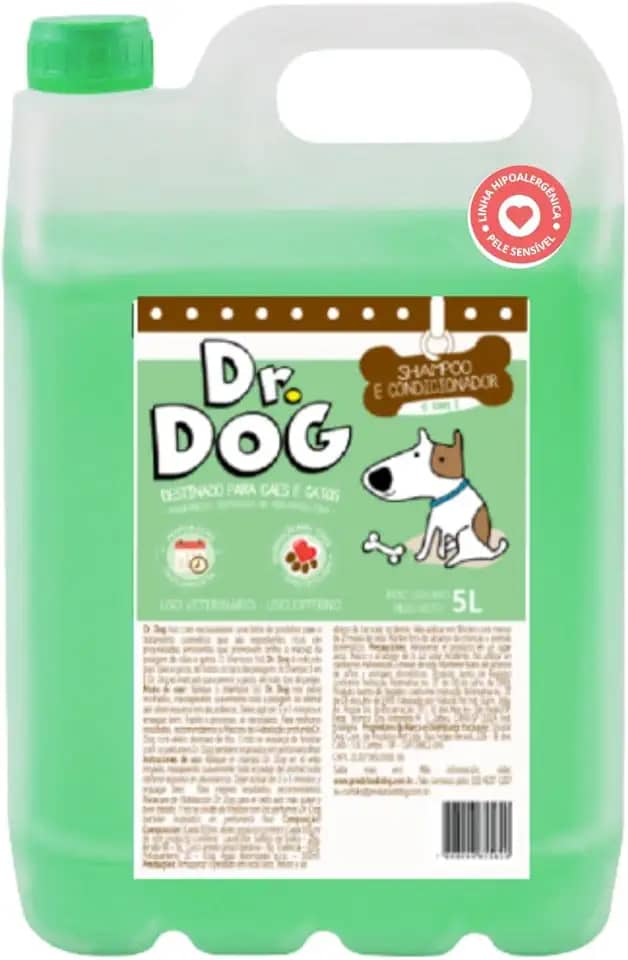 Shampoo & condicionador Cães e Gatos Dr. Dog 5x1 5 Litros Pets peles sensíveis, Xampu Hipoalergênico, Antialérgico, Não Arde os Olhos, Pet shop, Fragrância Suave, Alto rendimento