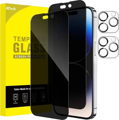 JETech Película de Vidro Temperado Cobertura Total de Privacidade para iPhone 14 Pro Max 6,7 Polegadas com Protetor Lente Câmera, Protetor de Tela Anti-Espião, 2 Pacotes Cada