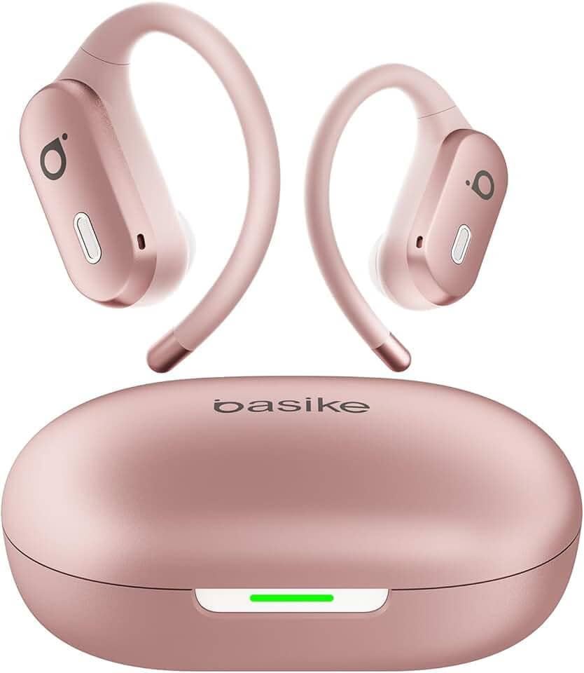 Basike Fone de Ouvido Bluetooth 5.4 TWS Open-Ear Esportivo, Som Hi-Fi Estéreo, ANC & Modo Transparência, ENC, Resistente a Suor e Respingos para Corrida e Exercícios ao Ar Livre – Ouro Rosa