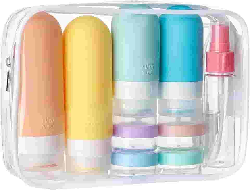 Kit de Frascos de Viagem, 17 Itens, Silicone e Plástico, com Necessaire Transparente, 60ml e 90ml (Multicor)