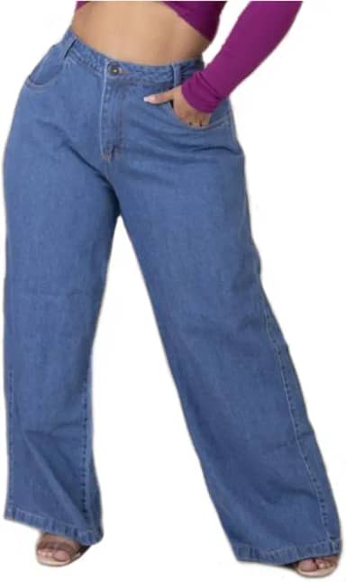 Calça Jeans Wide Leg Feminina, Cintura Alta, Estilo Vintage, Azul Clássico