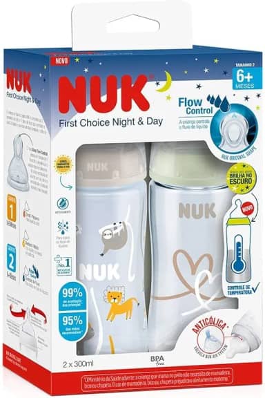 NUK Kit de Mamadeiras Anticólica Dia e Noite com Controle de Temperatura 300ml - Branca