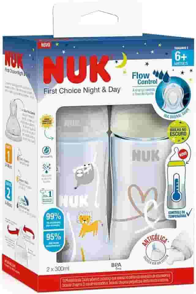 NUK Kit de Mamadeiras Anticólica Dia e Noite com Controle de Temperatura 300ml - Branca
