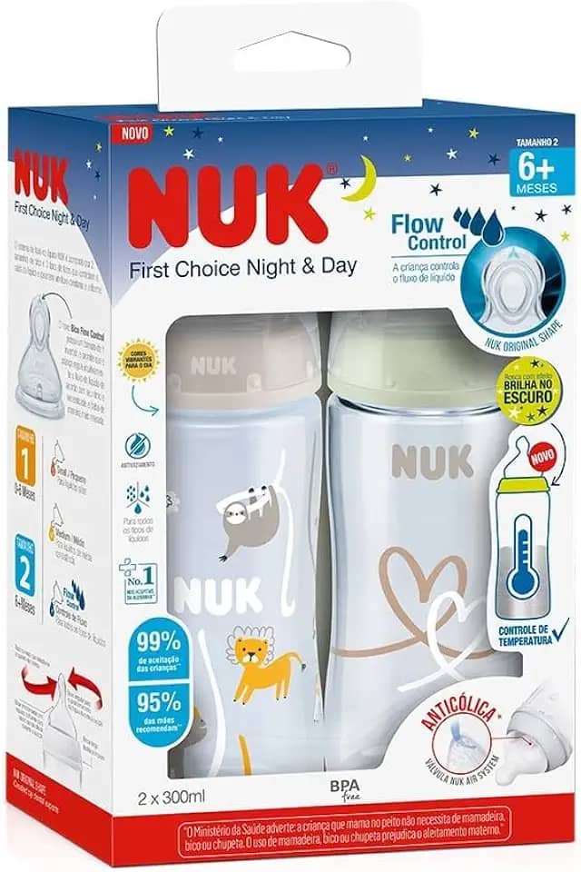 NUK Kit de Mamadeiras Anticólica Dia e Noite com Controle de Temperatura 300ml - Branca