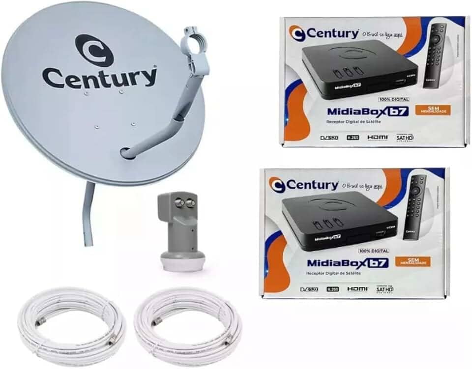 Kit Antena Parabólica Century 60cm, Receptor Mídia Box B7, 2 Cabos Coaxiais 15m e LNBF Duplo
