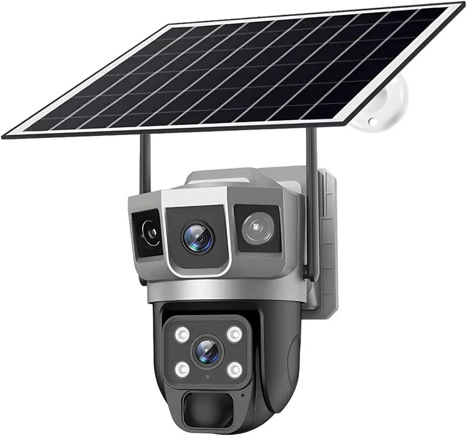 Câmera de vigilância movida a energia solar externa com 4G, lente dupla, resolução HD, Ip66 à prova de intempéries, monitoramento de segurança sem fio