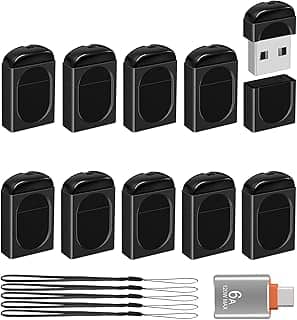 EASTBULL Unidades USB pequenas de 8 GB, pacote com 10 mini pen drives USB 2.0 com adaptador USB-C, mini pen drive FAT32 8 GB, pacote com 10 para armazenamento de dados (preto, 1 adaptador, 10 cordões)