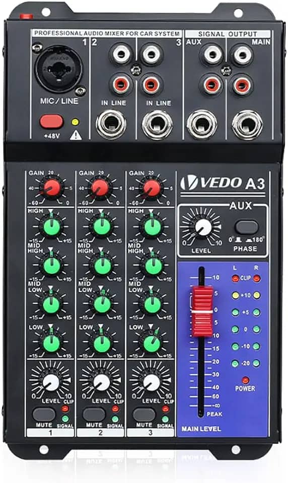 A3 Console de mixagem de som 3 canais,48v de alimentação phantom sistema estéreo Adequado para uso em carros, microfones, instrumentos musicais ou equipamentos de áudio (CD players), computadores