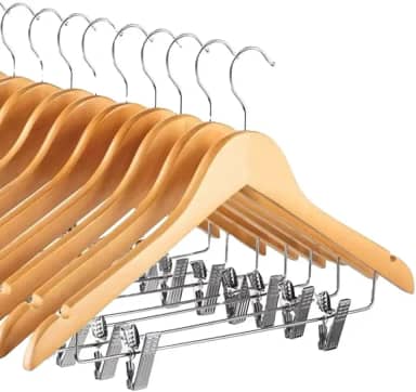 Kit 6 Cabides para Saias, Bermudas e Calças, Madeira Nobre com Prendedores Metálicos, 45 cm, Marrom Claro