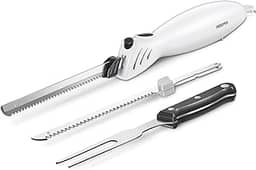 Reemix Faca de entalhe elétrica, conjunto de facas elétricas para uso multiuso, operação com um toque, para esculpir carnes, aves, pão, 2 lâminas de entalhe incluídas e 1 garfo de servir (branco)