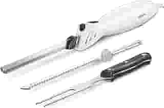 Reemix Faca de entalhe elétrica, conjunto de facas elétricas para uso multiuso, operação com um toque, para esculpir carnes, aves, pão, 2 lâminas de entalhe incluídas e 1 garfo de servir (branco)