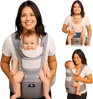 AIEBAO Mochila Canguru Classic Para Bebê, Ergonômico, Com Assento, 03 Modos de Uso, Apoio Lombar, Com Suporte de Cabeça, Bolso Frontal e Lateral, Até 48 Meses, Suporta 36kg, Acolchoado, Fivelas Ajustáveis, Cinza.