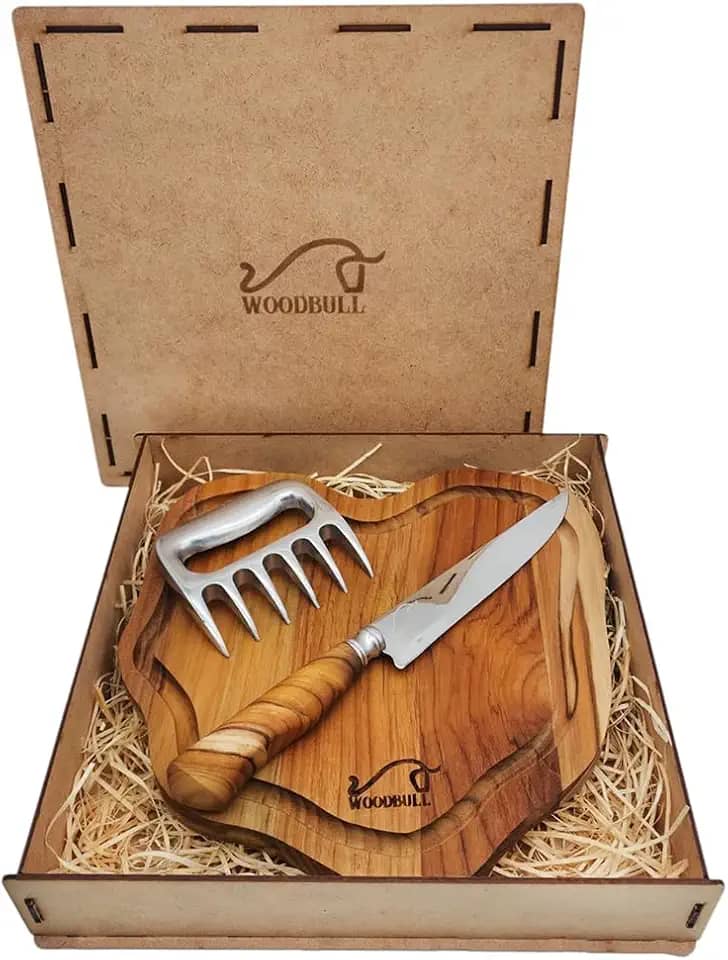 Kit Churrasco Edição Especial, com Ferramentas para Preparar e Servir Carnes com Estilo, Ideal para Churrascos, Festas e Presente, Tábua Artesanal, Faca Inox 7' e Garra de Urso – WOODBULL.