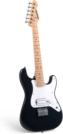SONICAKE Guitarra elétrica infantil de 76 cm, corpo de madeira maciça leve e júnior com captador Humbucker, pescoço e escala de madeira de uma peça, extremidades arredondadas, preto
