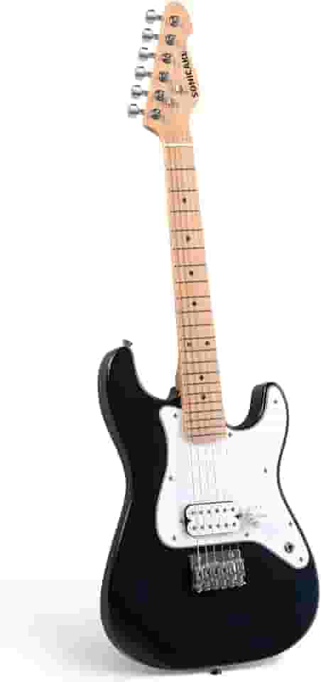 SONICAKE Guitarra elétrica infantil de 76 cm, corpo de madeira maciça leve e júnior com captador Humbucker, pescoço e escala de madeira de uma peça, extremidades arredondadas, preto