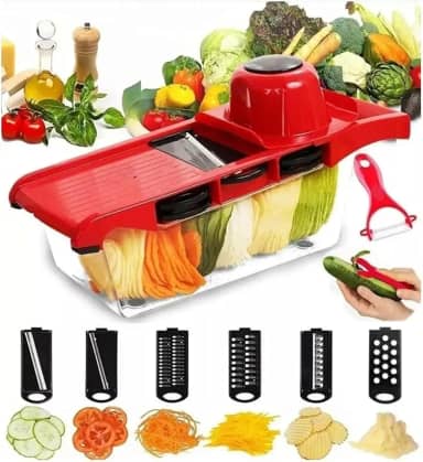 Ralador Fatiador Cortador Mandoline 6 em 1 Profissional – Cortes Rápidos e Precisos com Lâminas Inox Protetor de Mãos Recipiente 800ml Legumes Verduras Frutas Alimentos- Linha Premium