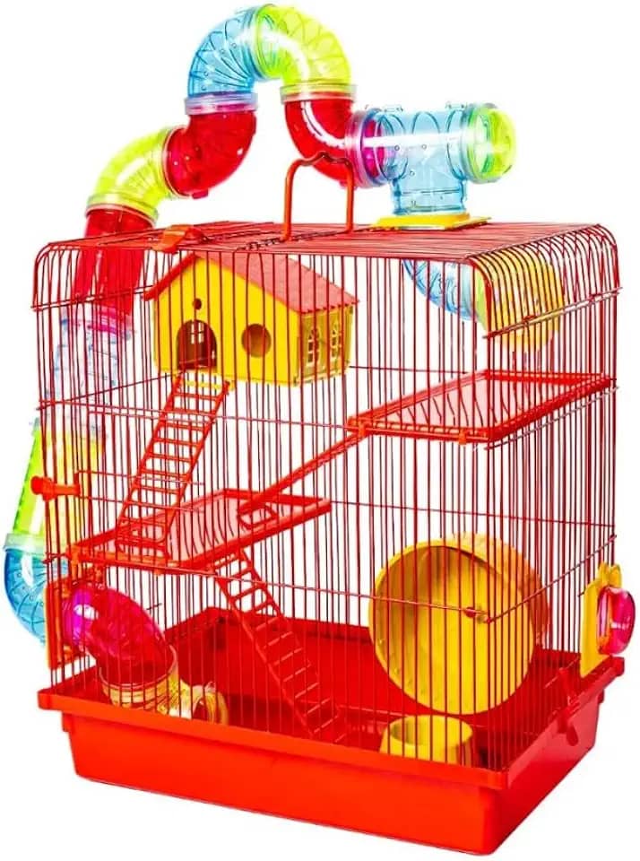 GAIOLA TUBO SUPER LUXO 3 ANDARES VERMELHA HAMSTER COMPLETA CASINHA RODA ESCADA SUPER LUXO