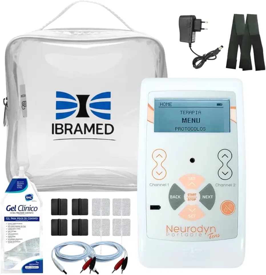 Neurodyn Portátil Ibramed – Aparelho de Eletroestimulação TENS ou TENS/FES – 2 Canais Bivolt Recarregável + Kit com Gel, Eletrodos, Faixa e Bolsa (TENS)