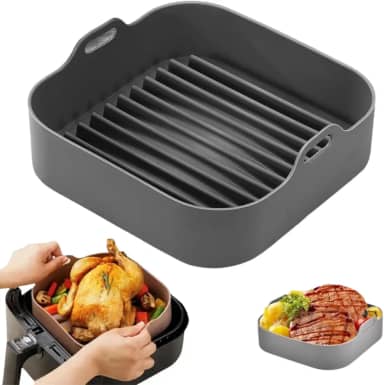 Forma De Cozimento Silicone 16cm x 16cm Fritadeira Quadrada Antiaderente Para Airfryer Reutilizável Flexível Utensílio De Cozinha Ideal Para Fritadeira Elétrica Sem Óleo (Cinza)