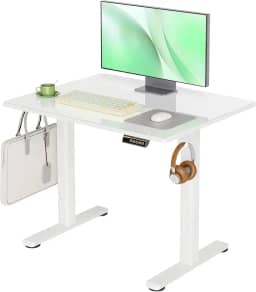 Claiks Mesa de vidro, mesa de pé pequena de 88 x 50 cm, altura ajustável elétrica, instalação rápida, mesa de computador para escritório em casa, superbranca
