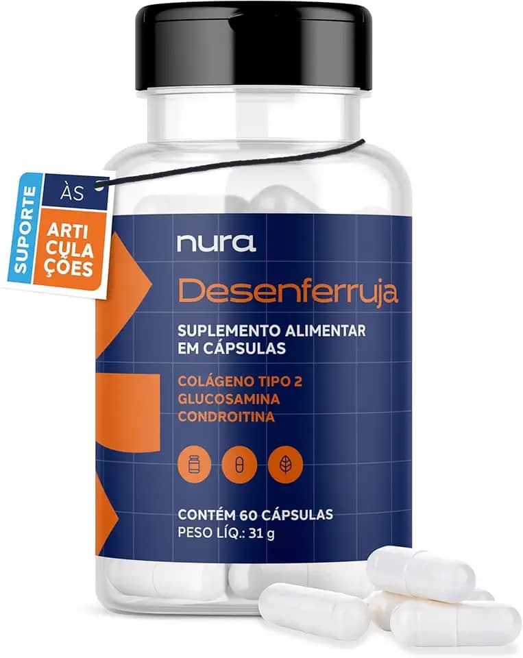 Nura Desenferruja – Colágeno Tipo II + Glucosamina & Condroitina – Suplemento para Flexibilidade, Saúde das Articulações e Cartilagem – 60 Cápsulas (30 dias)