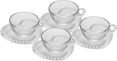 WOLFF - Conjunto 4 Xícaras de Chá de Cristal com Pires Coração 180ml - Linha Pearl