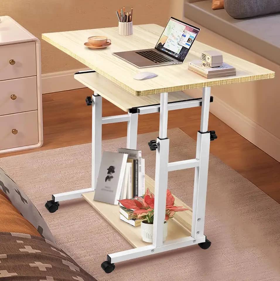 80 * 45*(71~83) cm, Branco, com Bandeja Removível para Teclado, Mesa para Notebook, Mesa Lateral para Sofá