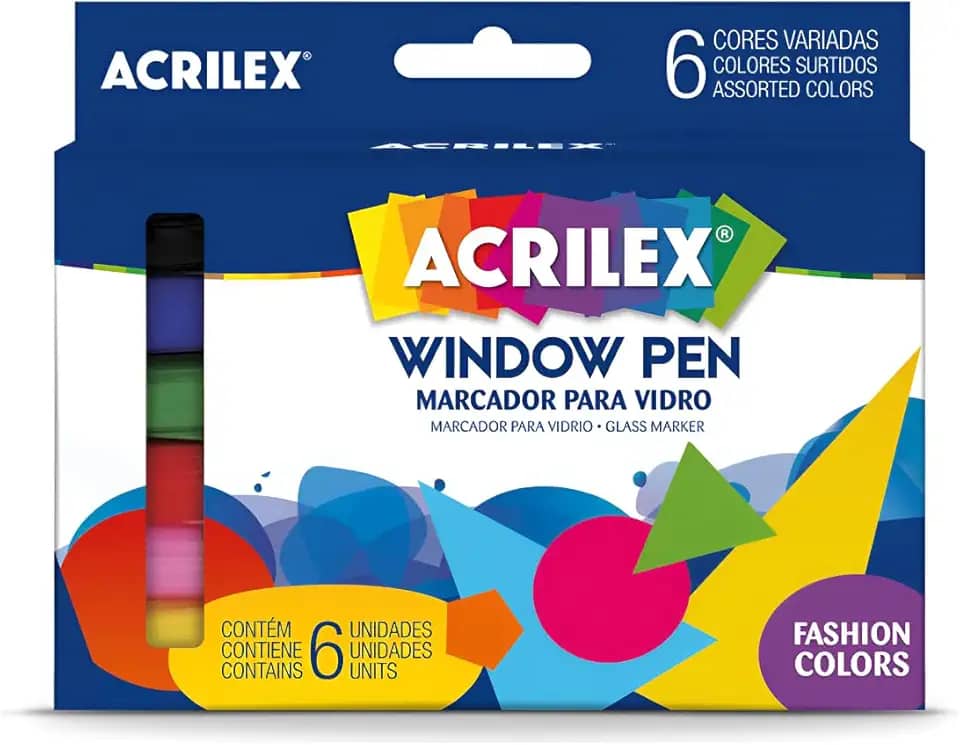 Kit Marcadores para Vidro Acrilex Window Pen 6 Cores – Canetas Para Vidro, Espelho, Janelas e Superfícies Lisas com Tinta à Base de Água Removível