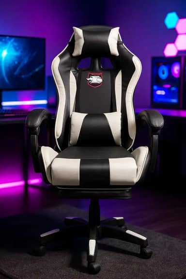 Cadeira Gamer Ergonômica com Apoio para os Pés, Reclinável, Moldada, com Almofadas para Pesçoco e Lombar (Preto Branco)