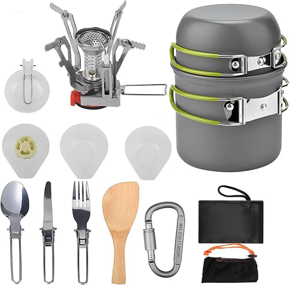 FINYQBET Conjunto de Panelas e Frigideiras de Acampamento - Kit de Cozinha Portátil com Utensílios Inoxidáveis, Bolsa de rede, Dobrável - Ideal para Camping, Caminhadas e Piqueniques (644g)