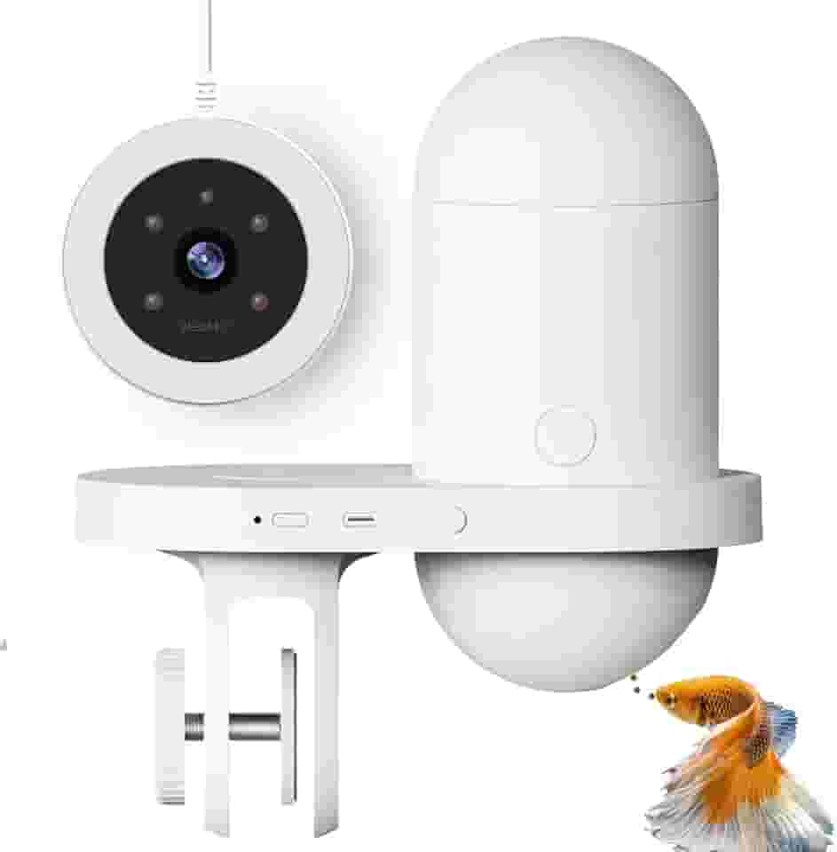 Alimentador de Peixes Automático WiFi para Aquário com Ccâmera HD 2560 * 1440P, Alimentador de Peixes Automático Inteligente, Controle de Aplicativo, Temporizador, Carregamento USB