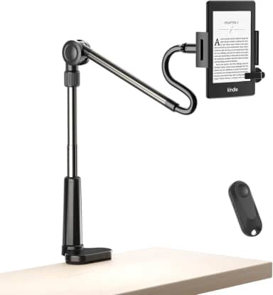 Suporte de tablet dobrável para leitura Kindle na cama com virador de página remoto, não rígido e fácil de ajustar, suporte de mesa flexível para tablet, acessórios para leitor digital para Kindle