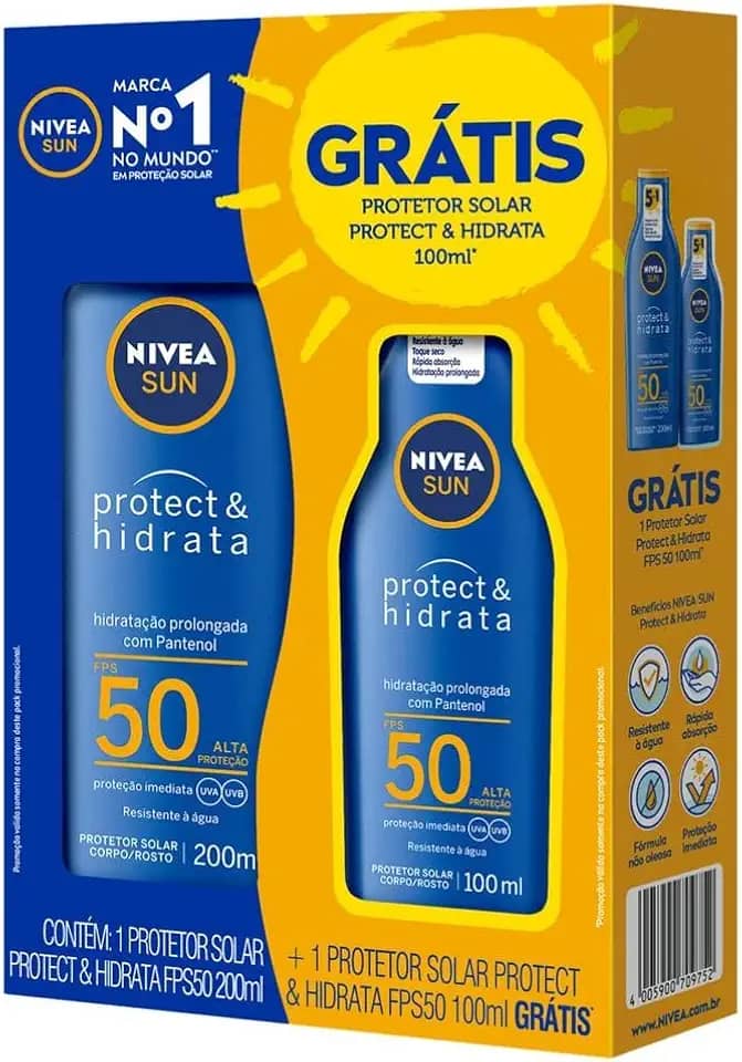 NIVEA Kit SUN Protetor Solar Protect & Hidrata FPS50 200ml + Protetor Solar Protect & Hidrata FPS50 100ml, Nivea